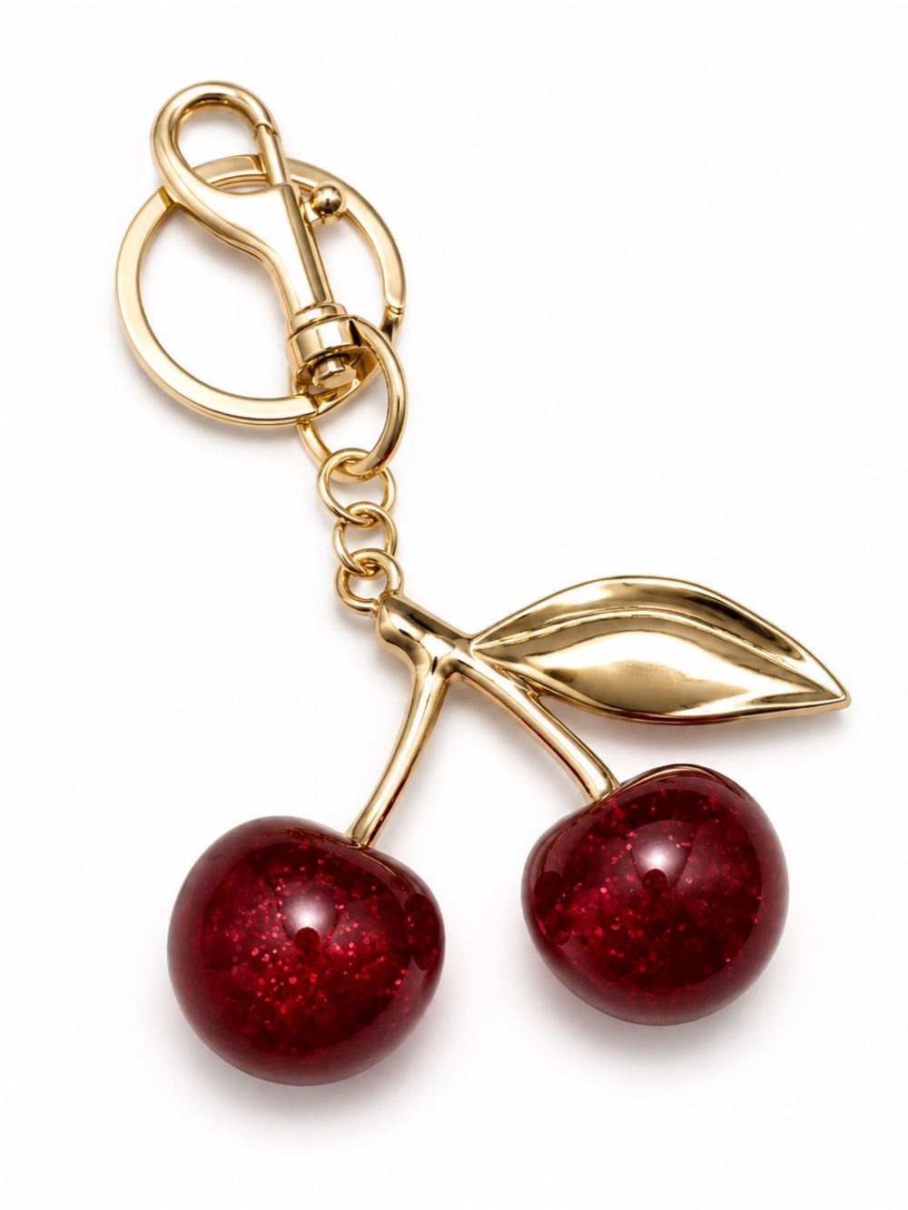 Gold Cherry Keychain with Red Glossy Cherries